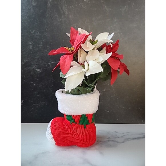 Vintage Christmas Decor Santa Boot With Faux Poinsettia Flowers - Picture 2 of 10